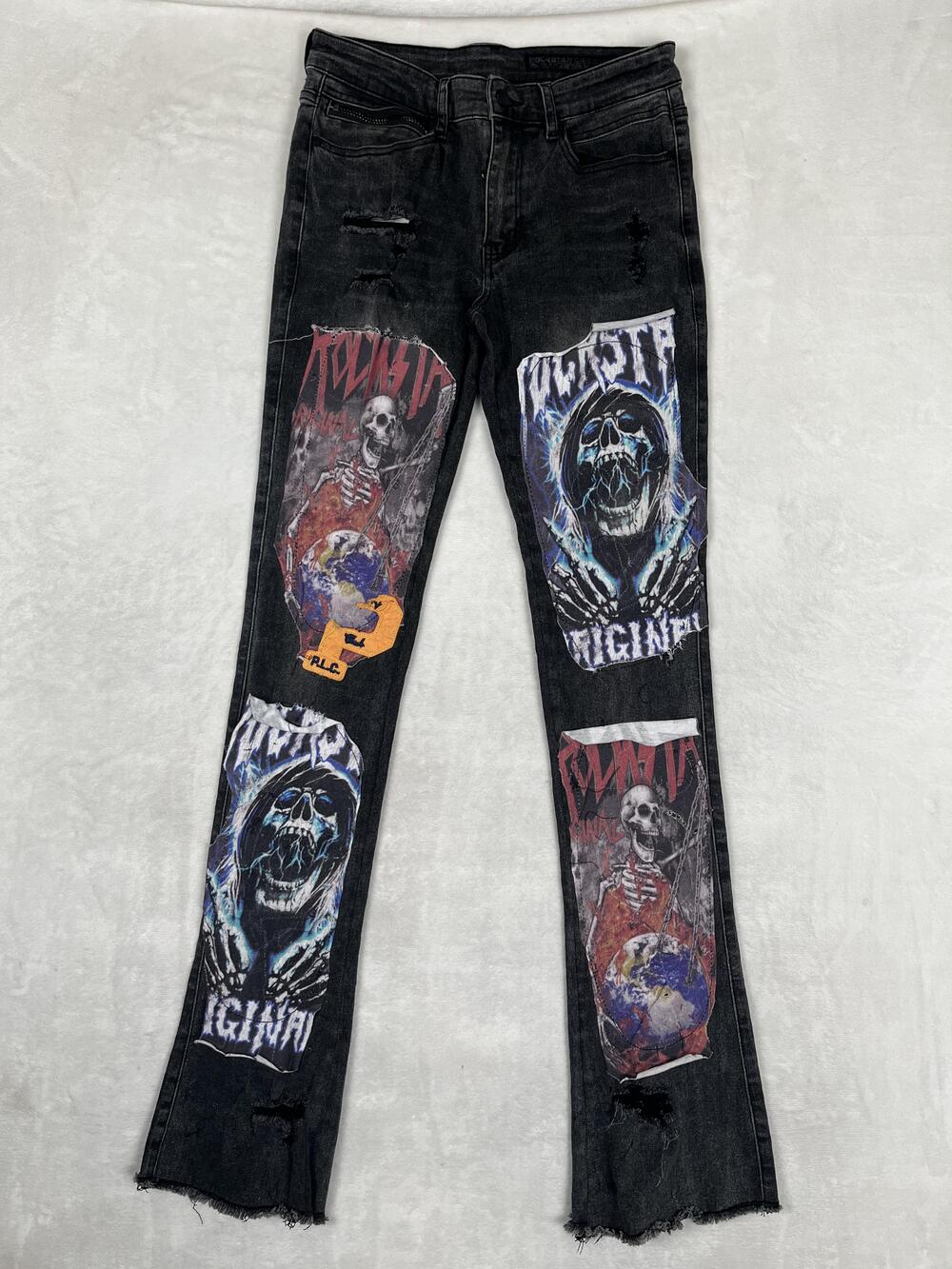 Rockstar Original Jeans Mens 32 Black Flare Stacked Distressed Skulls Denim